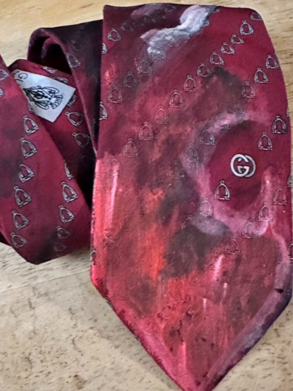 Vintage Gucci Upcyled Silk Tie Necktie Painted Maroon Handpainted